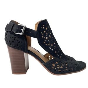 Franco Sarto | Women's Marino Black Laser Cut Block Heel Peep Toe Sandals | sz 8